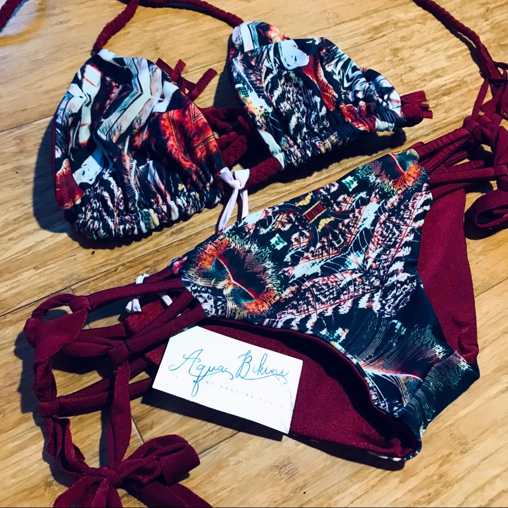Aqua Maroon Bikini W/ Braided Ties